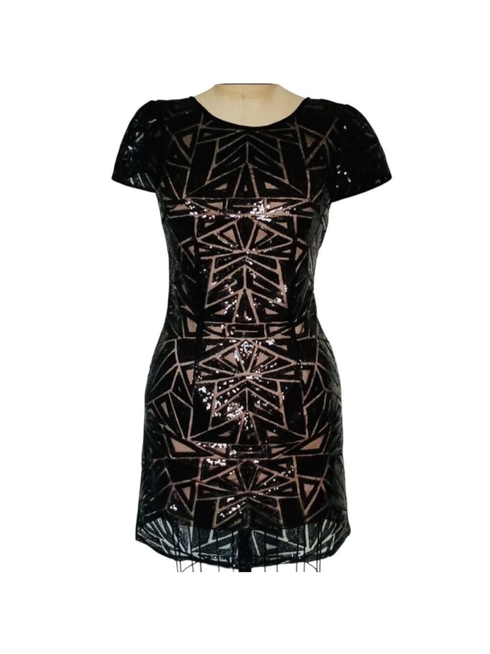 Black Sequinned Holiday Party Cocktail Dress w/Cream lining short Sleeve SZ 4